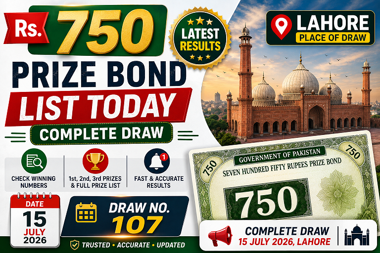create a featured image for the post Rs. 750 prize bond list today, complete draw 15 July 2026, Lahore