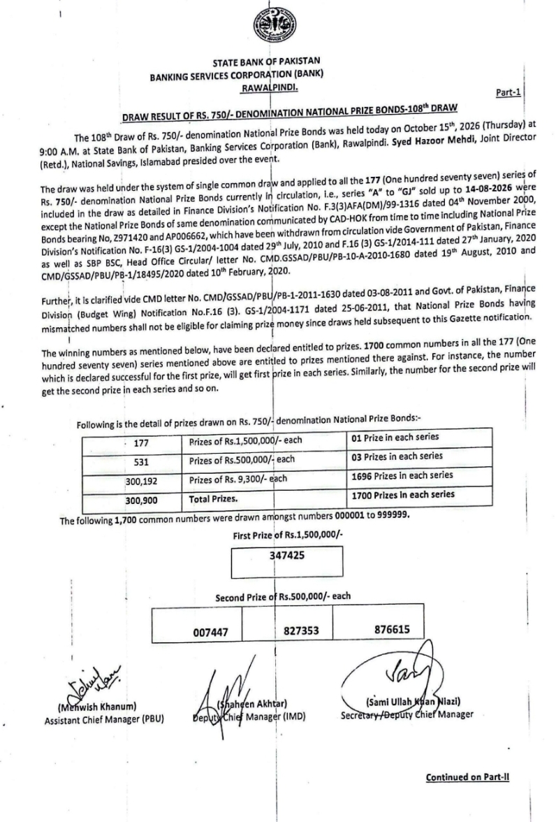 Rs. 750 Prize Bond result today 15 October 2026 — image C